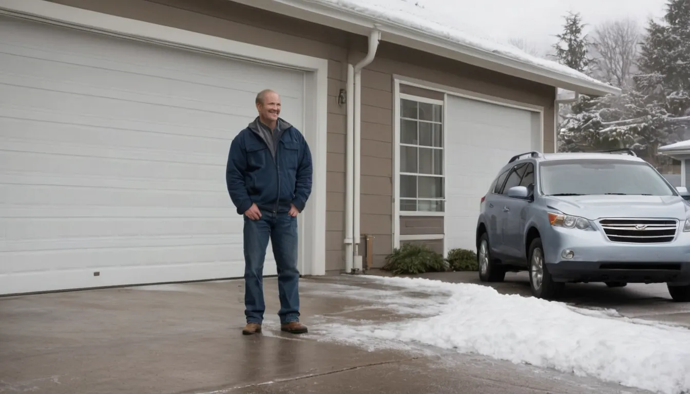 A residential garage door being inspected in New Providence on a snowy morning
